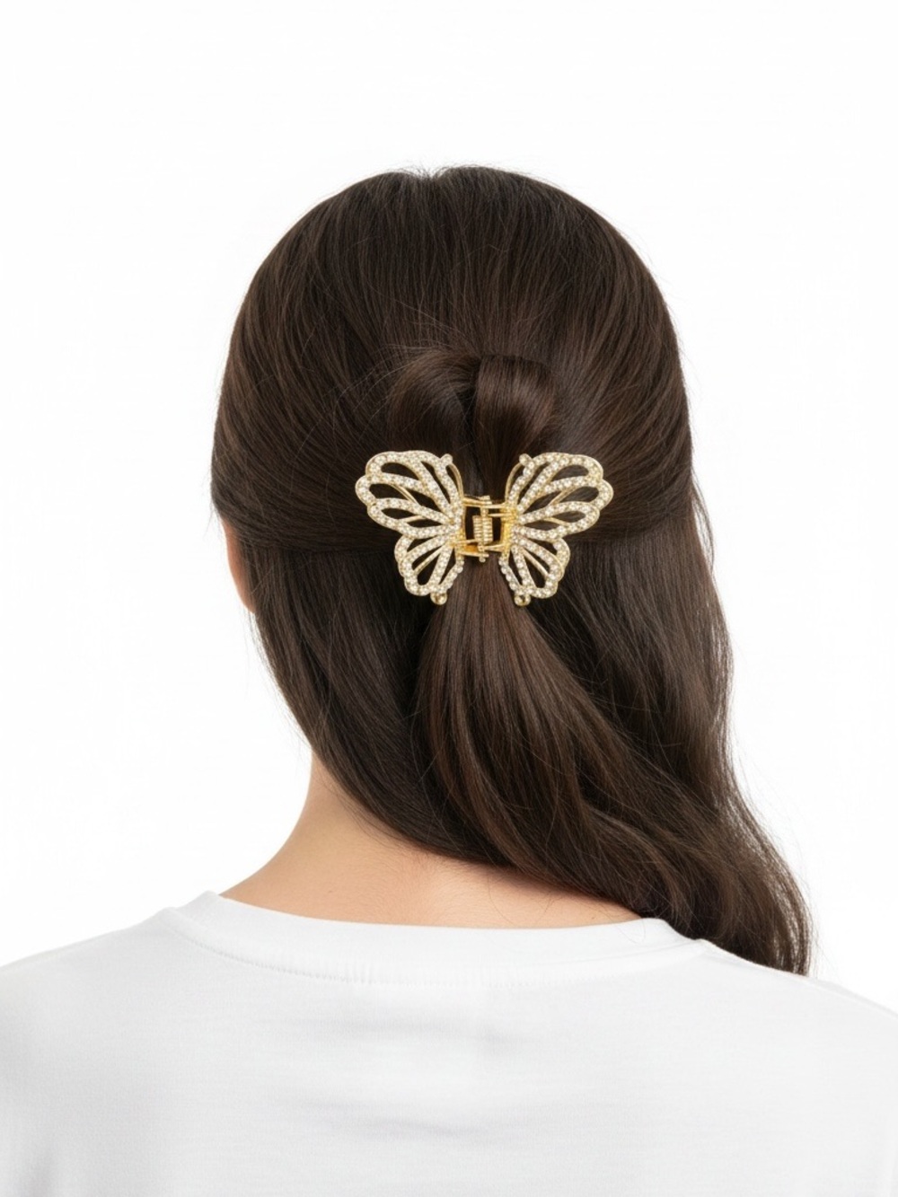 Butterfly Allover Champagne Rhinestone 2” Gold Metal Lobster Claw Hair Clip